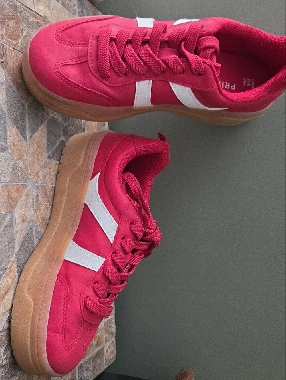 Primark Bright Red Sneakers with White Side Stripes, Size 6
